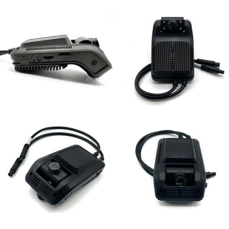 Dash cam kit with main unit, rear camera, cables, and mounting bracket