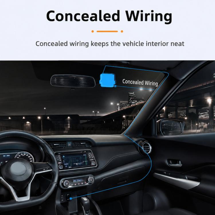 Dual-channel dash cam with concealed wiring, car interior installation view