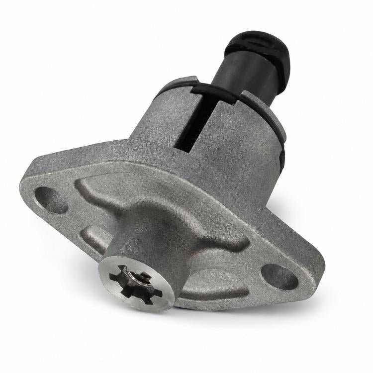 Cam chain tensioner with black end and gray metal mounting flange, side view.