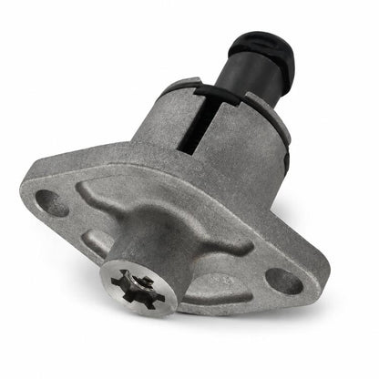 Cam chain tensioner with black end and gray metal mounting flange, side view.