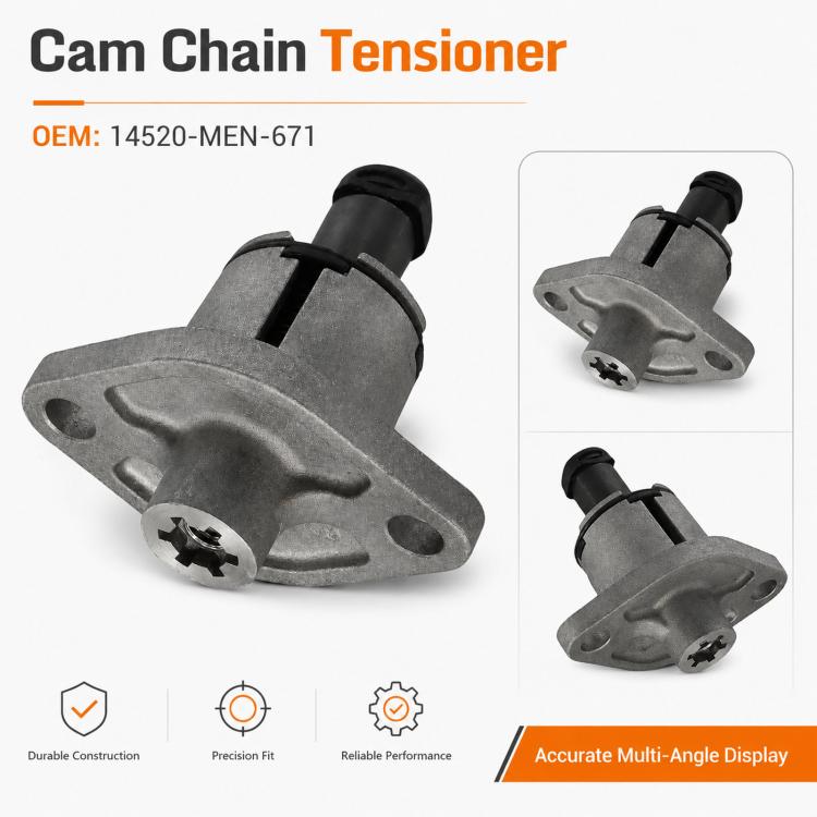 Cam chain tensioner, gray metal body with black end, angled view.