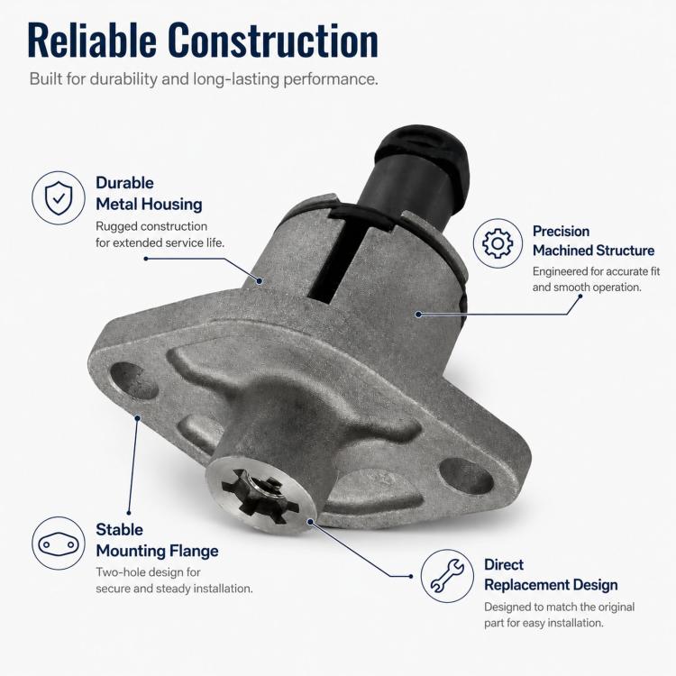 Cam chain tensioner with gray housing and black cylinder, mounting holes visible.