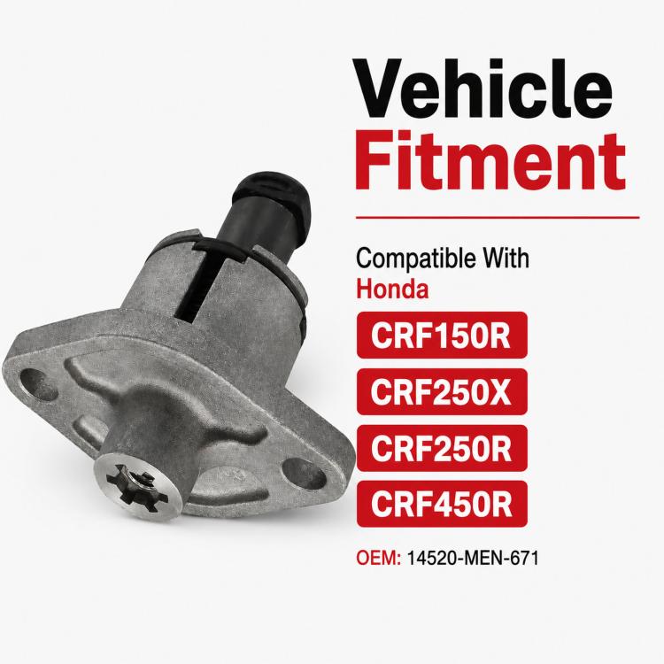 Cam chain tensioner with gray metal body and black cylinder, front mounting plate.