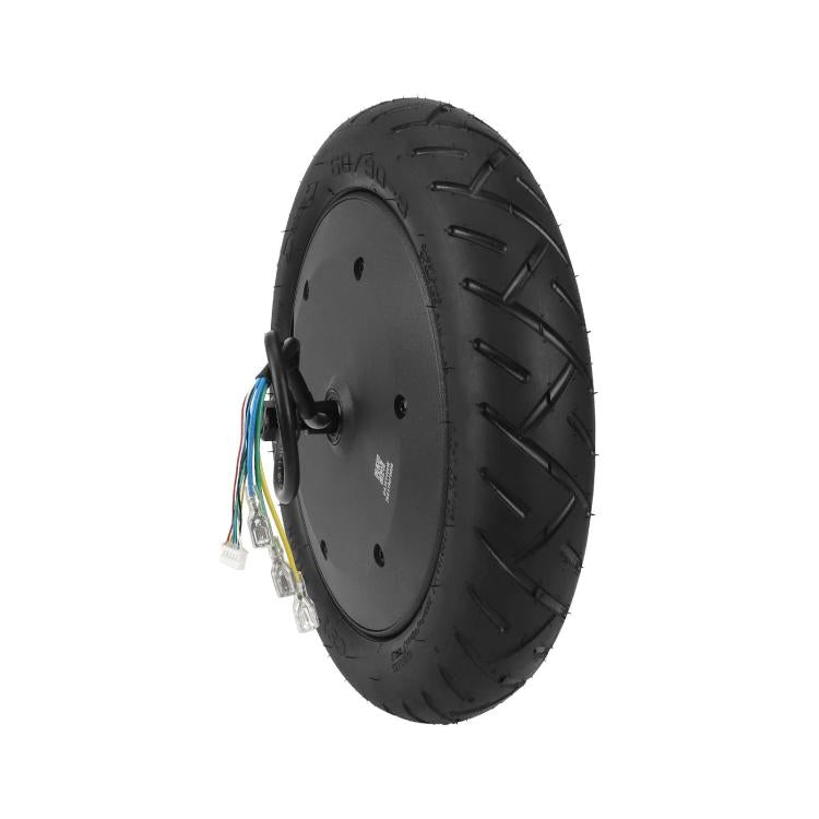 Side view rear hub motor wheel with black tire and multi-wire connector