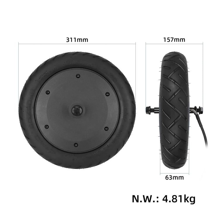 Rear wheel assembly dimensions 311mm diameter, 63mm width, black tire and hub