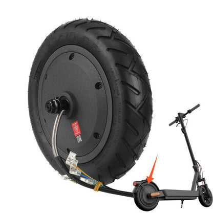 Rear hub motor wheel assembly with black tubeless tire and wiring