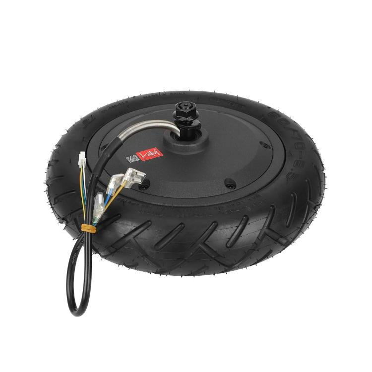 Rear hub motor wheel with black tire and exposed wiring connectors