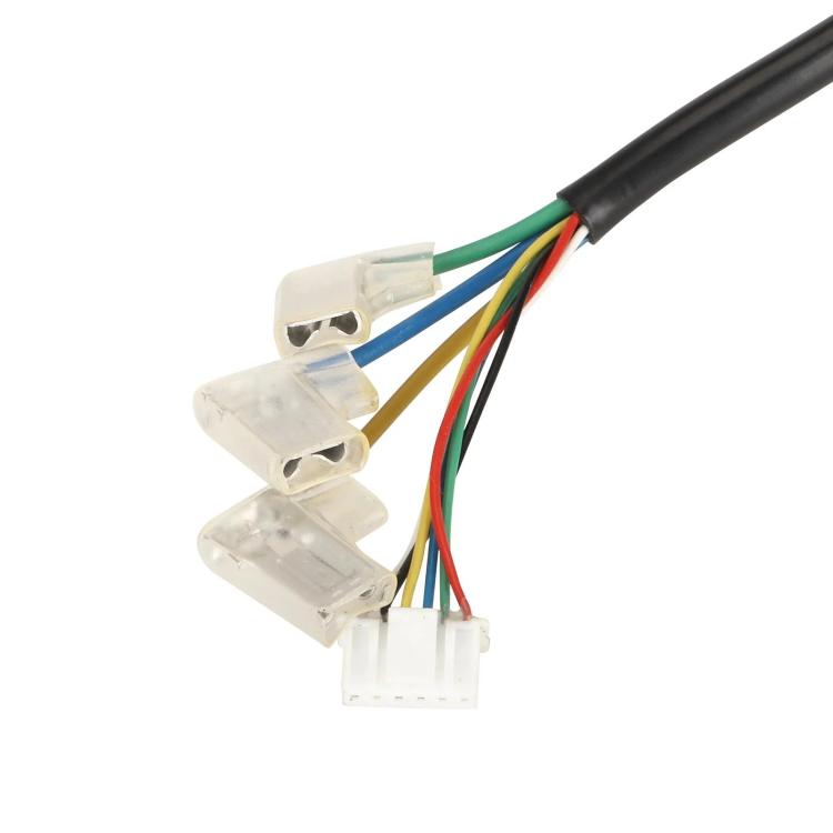 Motor wiring harness with multi-color leads and white connector plugs