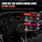Red OBD2 engine fault code scanner showing read and erase code functions on display