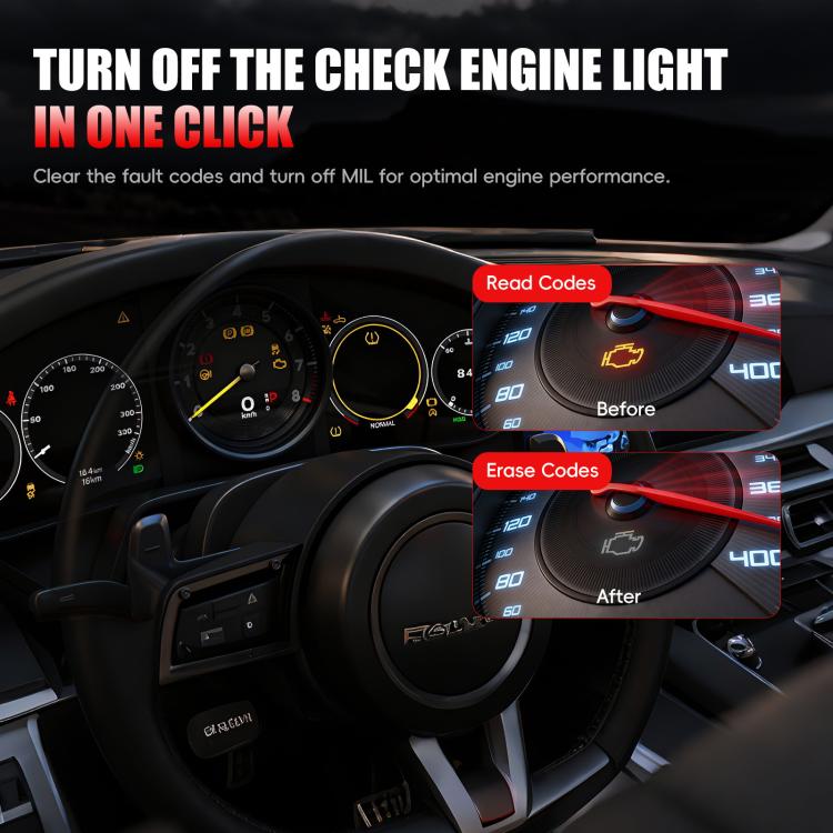 Red OBD2 engine fault code scanner showing read and erase code functions on display