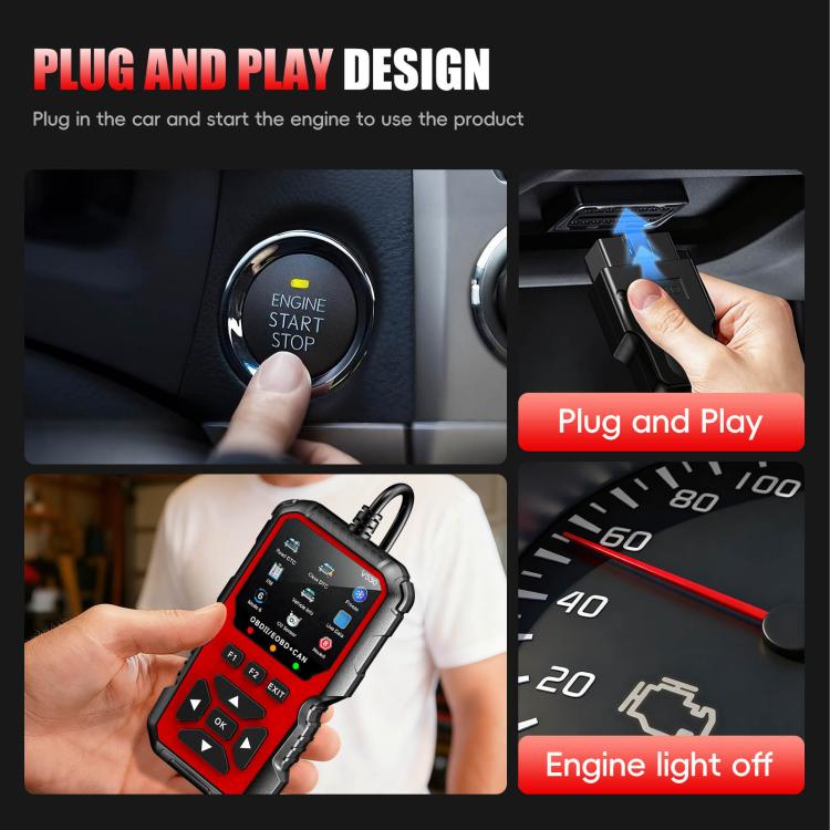 Handheld red OBD2 diagnostic scanner with display buttons and plug-and-play usage