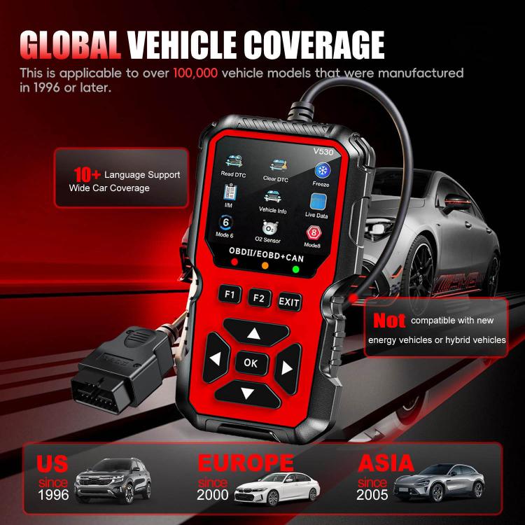 Red OBD2 diagnostic scanner connected to car, black OBD plug and control buttons