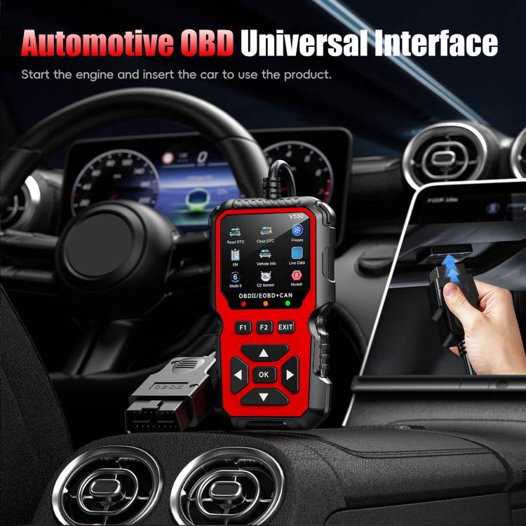 Red OBD2 scanner near steering wheel, OBD connector and large button pad