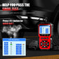 Red OBD2 scanner with readiness-style screen, arrow keys, and OK button