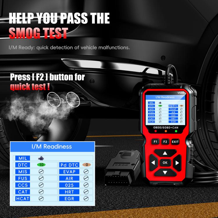 Red OBD2 scanner with readiness-style screen, arrow keys, and OK button