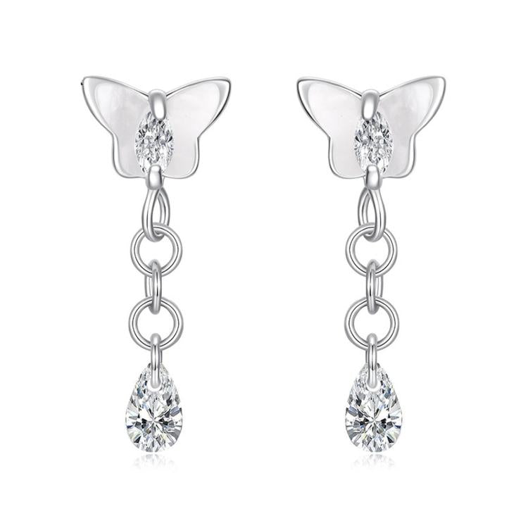 Silver butterfly stud earrings with teardrop crystal tassel drops and chain links