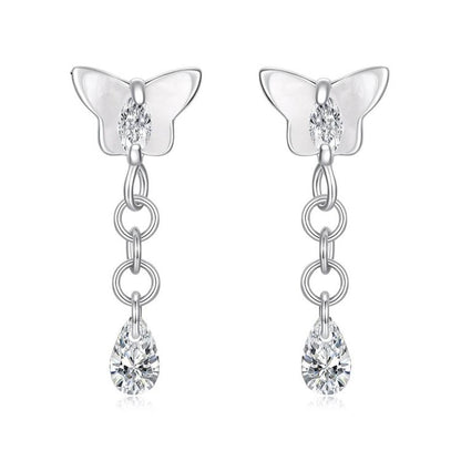 Silver butterfly stud earrings with teardrop crystal tassel drops and chain links