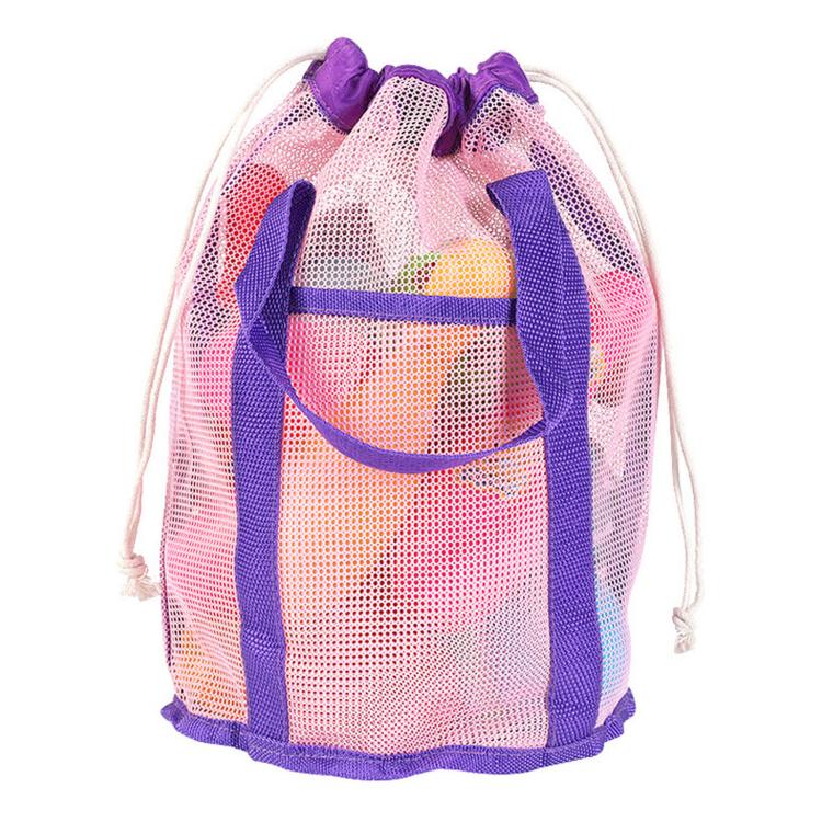 Mesh Beach Toy Bag Drawstring Toiletry Tote Sack With Handle Front Pocket For Kids Bath Swimming