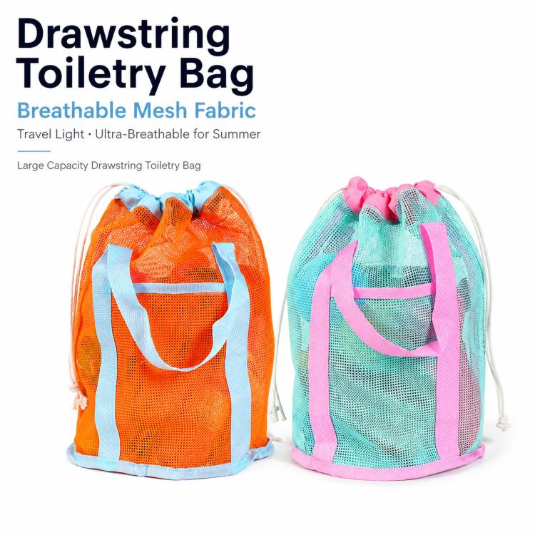 Mesh Beach Toy Bag Drawstring Toiletry Tote Sack With Handle Front Pocket For Kids Bath Swimming