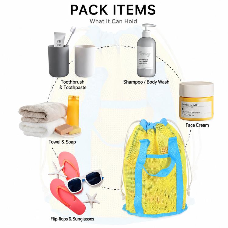 Mesh Beach Toy Bag Drawstring Toiletry Tote Sack With Handle Front Pocket For Kids Bath Swimming