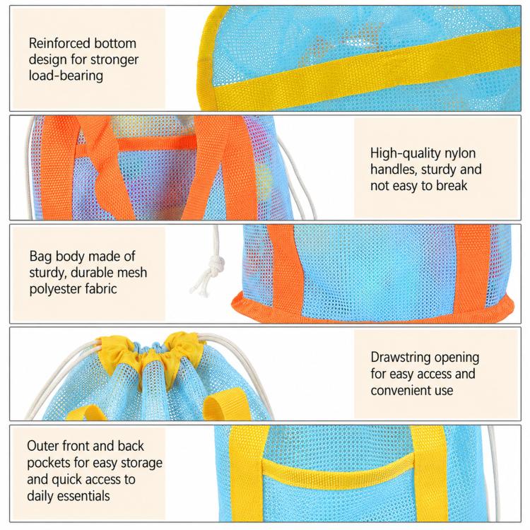 Mesh Beach Toy Bag Drawstring Toiletry Tote Sack With Handle Front Pocket For Kids Bath Swimming