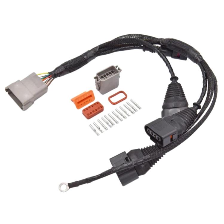 Ignition coil wiring harness with gray plug, orange connectors, and mounting eyelet