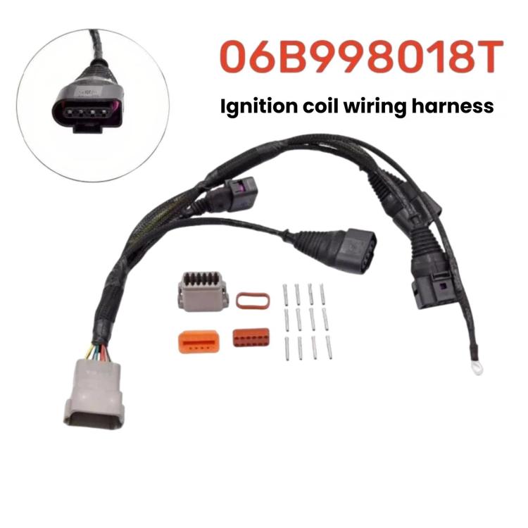 Ignition coil wiring harness with black braided cable and several connector ends