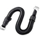Coiled black ribbed vacuum hose with two straight end nozzles, side profile