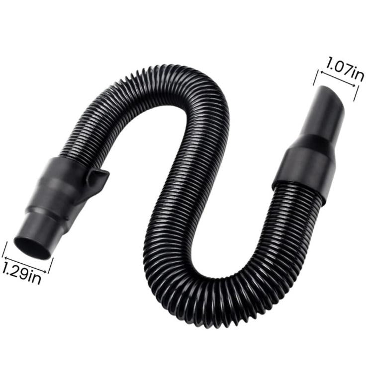 Coiled black ribbed vacuum hose with two straight end nozzles, side profile