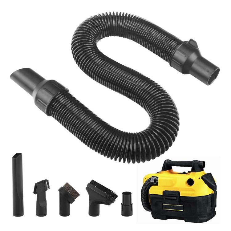 Black ribbed vacuum hose with tapered ends and matching accessory nozzle attachments