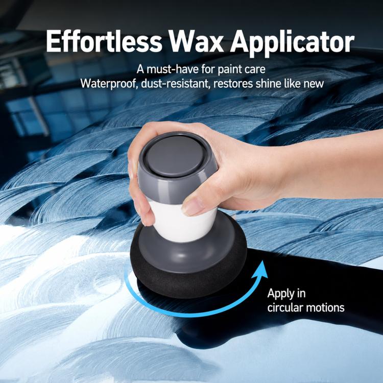 Handheld car wax applicator bottle on car paint with circular pad base