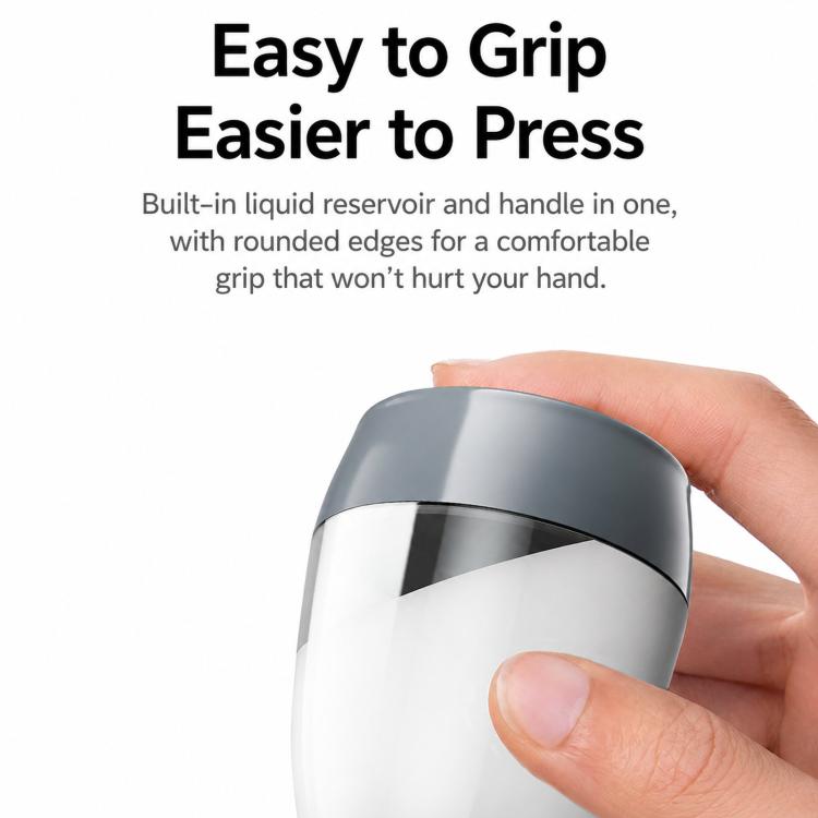 Car wax polisher bottle with gray cap and clear reservoir, held in hand