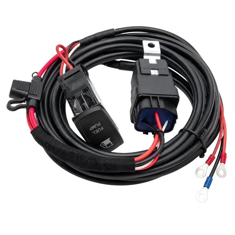 Waterproof fuel tank switch harness with momentary rocker, blue/red wires, fuse
