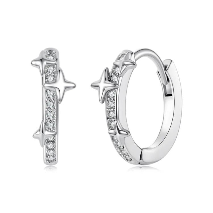 Star and butterfly hoop earrings, silver-tone with clear rhinestone accents