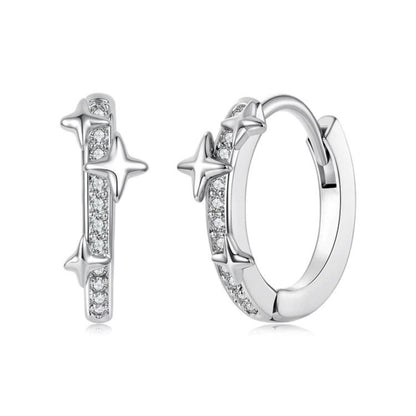 Star and butterfly hoop earrings, silver-tone with clear rhinestone accents