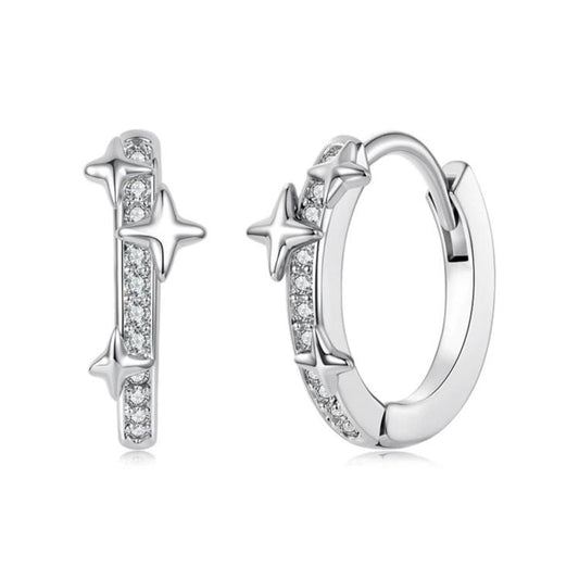 Star and butterfly hoop earrings, silver-tone with clear rhinestone accents