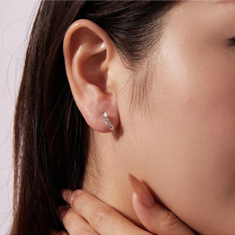 Model wearing silver-tone star and butterfly hoop earrings with clear rhinestones