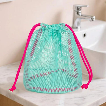 Teal mesh drawstring bag with bright pink cord closure and small tie pulls
