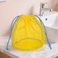 Yellow mesh drawstring storage bag with light blue cords and tie closure
