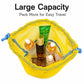 Yellow mesh drawstring bag open with bottles and toiletries inside