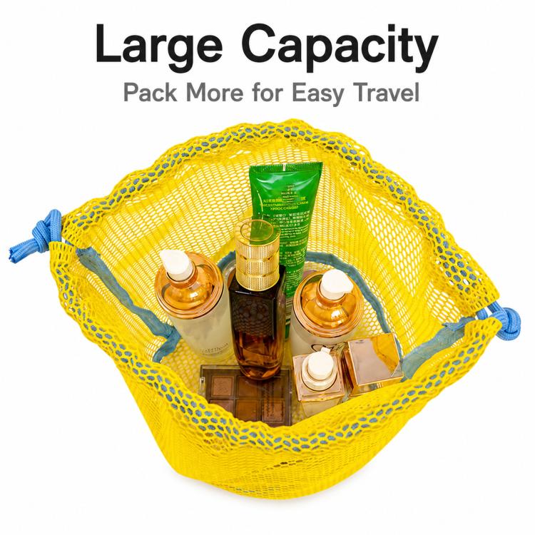 Yellow mesh drawstring bag open with bottles and toiletries inside
