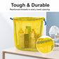 Yellow mesh drawstring bag with blue cords and reinforced mesh texture