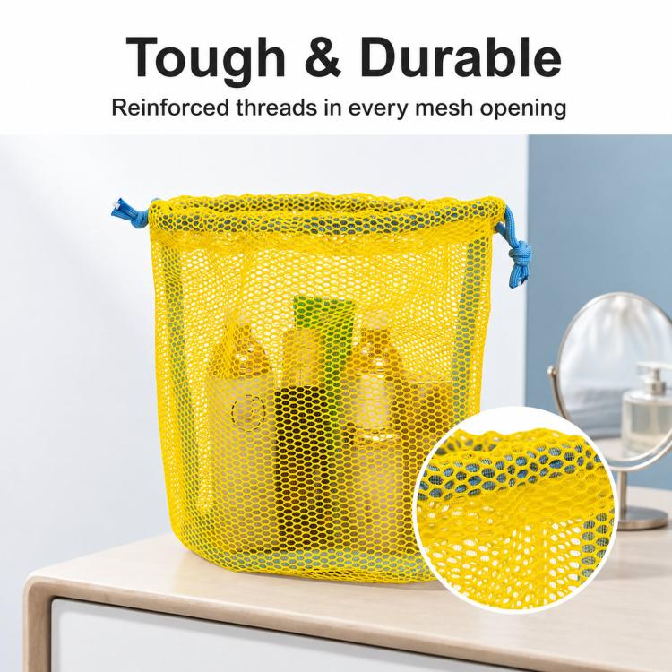 Yellow mesh drawstring bag with blue cords and reinforced mesh texture