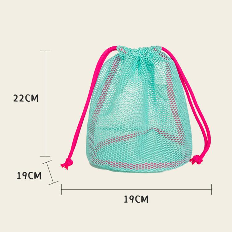 Teal mesh drawstring pouch with bright pink cords and tied top closure