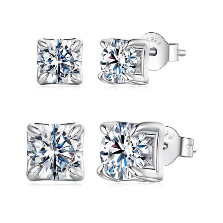 Sterling silver square moissanite stud earrings with butterfly backs, front and side views
