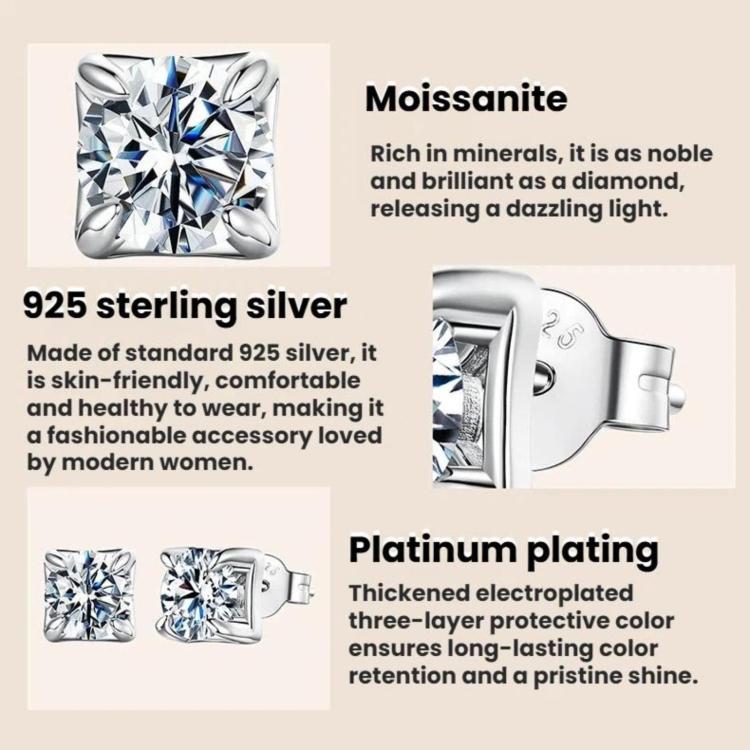 Sterling silver square moissanite stud earrings shown with close-up details