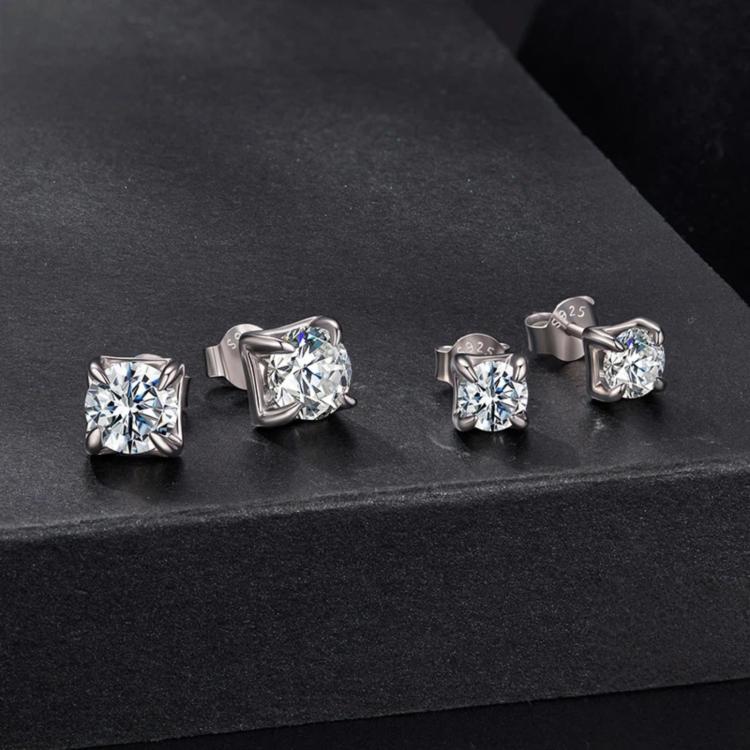 Sterling silver square moissanite stud earrings set with visible posts and backs