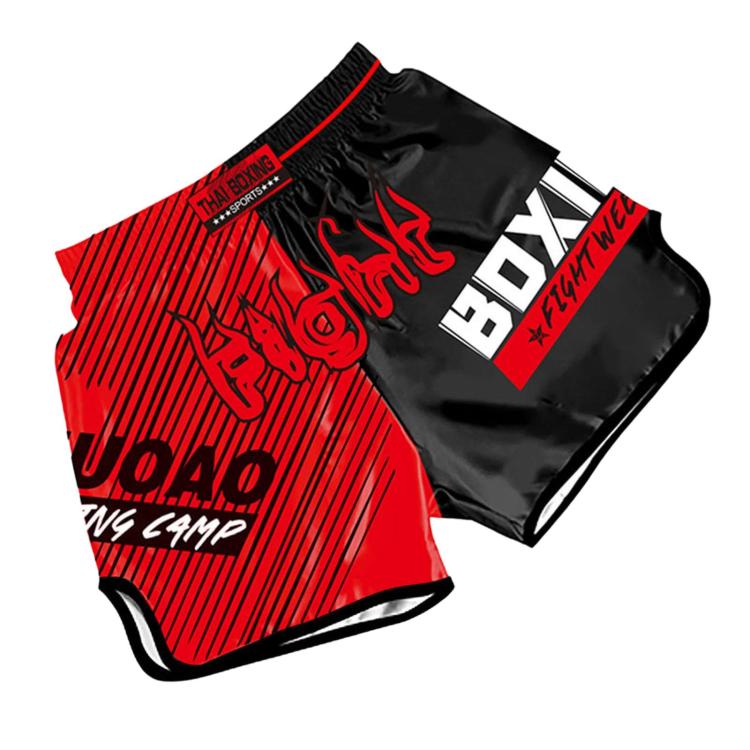Muay Thai boxing shorts, black and red with “J.O.A. Team” style print