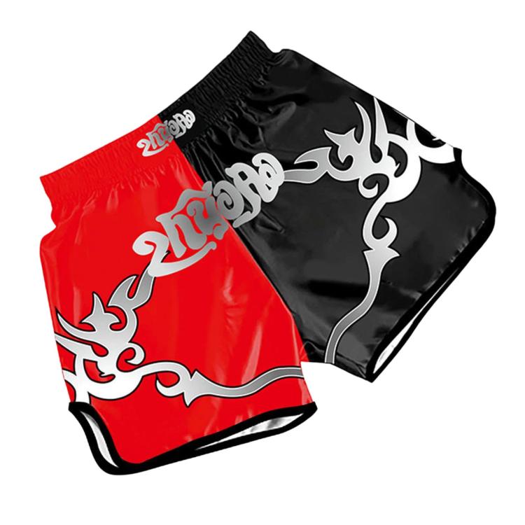 Muay Thai boxing shorts, red and black with ornate graphic lettering