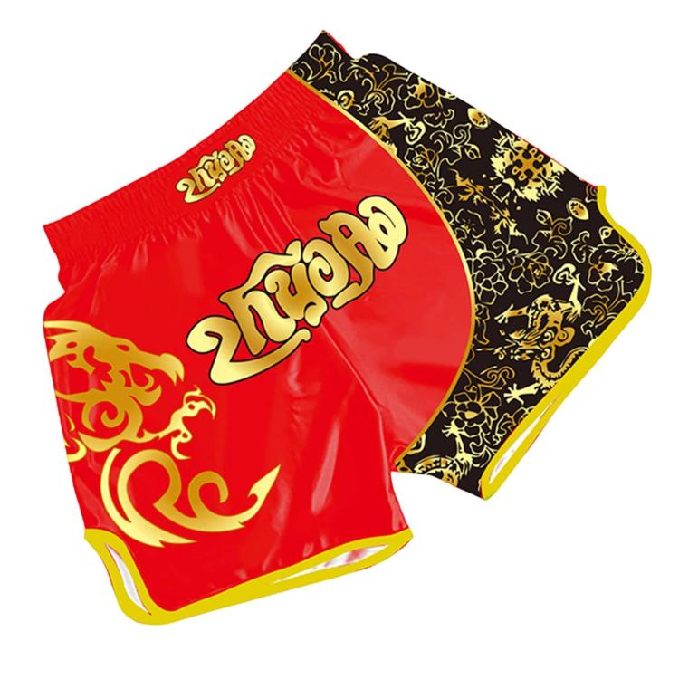 Muay Thai boxing shorts, red and black with yellow dragon-style graphic